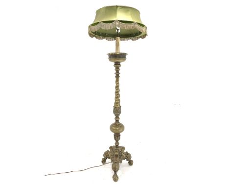  Early 20th century gilt bronze two branch standard lamp, column decorated with water leaves, raised on three ball and claw s