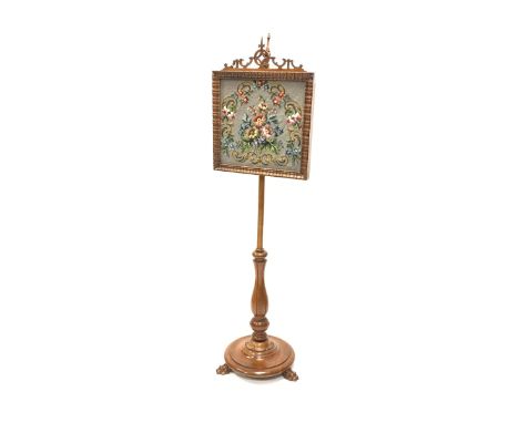  Victorian walnut pole screen, tapestry panel raised on baluster turned column and platform base with paw feet, H153cm   - Co