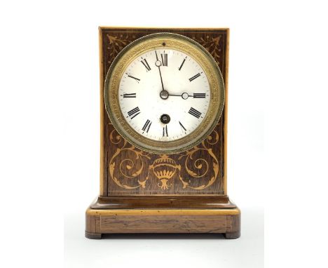  Late 19th century rosewood and floral marquetry mantel timepiece, white enamel dial with Roman numeral chapter ring, eight d