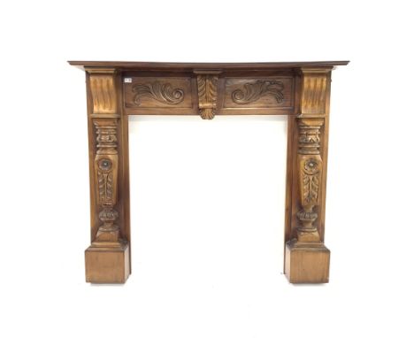  Victorian style carved walnut fire surround, W143cm, H120cm   - Condition Report 