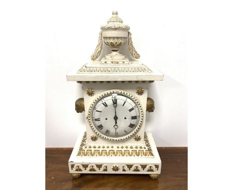  19th century white and gold painted mantel clock, the case with urn finial over egg and dart cornice, white painted dial wit