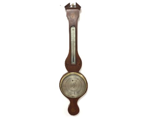  19th century mahogany wheel barometer and thermometer in mahogany case with shell and floral inlays, and silvered registers,