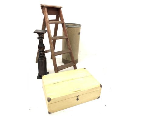  Early 20th century stained pine four rung step ladder, (H120cm) together with a cylindrical stick stand, (D42cm) a mahogany 