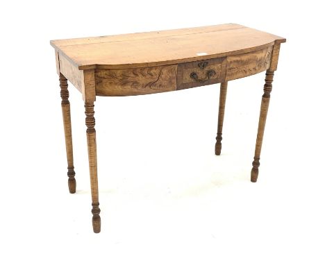  George IV satin birch side table, with shaped front, faux frieze drawer, raised on ring turned supports, W90cm   - Condition