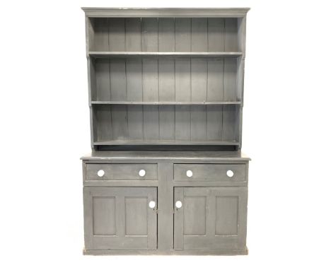  Solid pine painted dresser, three height plate rack over two drawer and two cupboards with ceramic pull handles, W151cm, H23