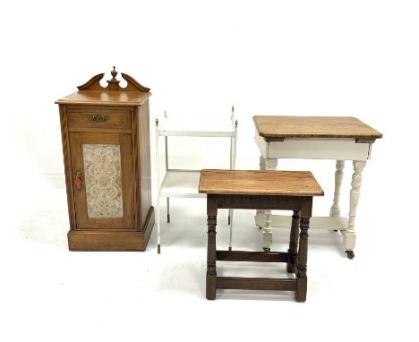  Edwardian walnut bedside cupboard, broken arch pediment with urn finial over single drawer and cupboard, raised on plinth ba