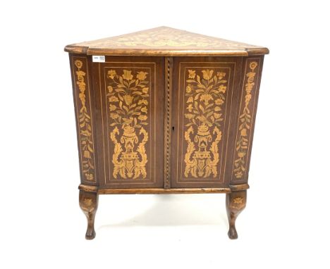  19th century Dutch marquetry walnut floor standing corner cupboard, with boxwood sting and floral inlay, two doors enclosing
