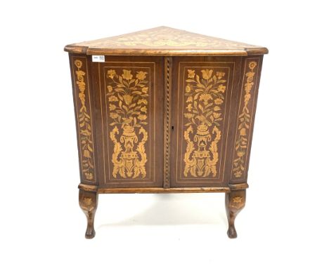  19th century Dutch marquetry walnut floor standing corner cupboard, with boxwood sting and floral inlay, two doors enclosing