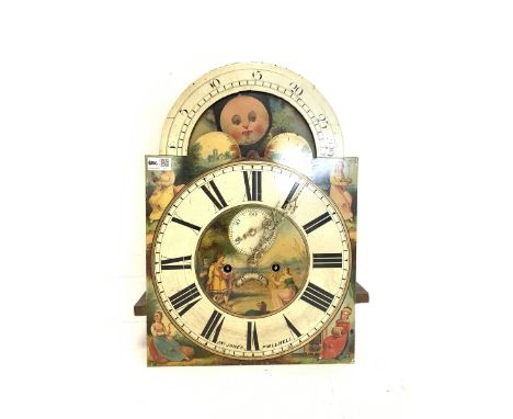  19th century eight day longcase dial and movement, painted enamel dial with moon phase, subsidiary seconds hand and date ape