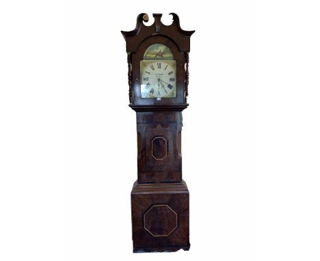  19th century mahogany longcase clock, white painted dial with Roman numeral chapter ring, subsidiary seconds ring and decora