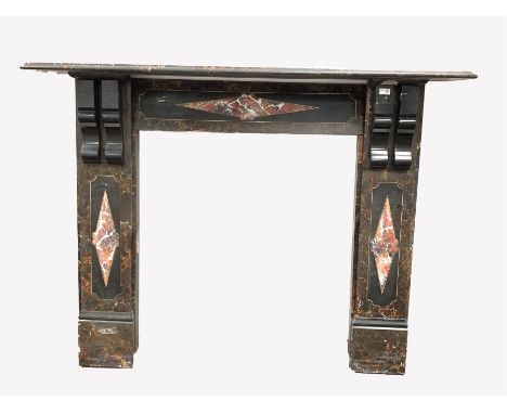  19th century slate faux marble fire surround, with black marble corbels and lozenge shaped decoration, W158cm   - Condition 
