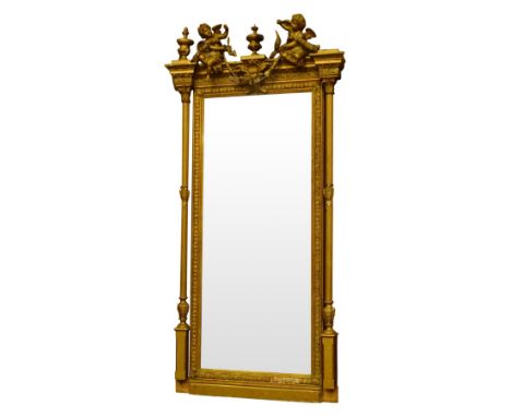  Large 20th century Adam style pier glass mirror, gilt wood and gesso frame with cherub and urn cresting, rectangular plate i