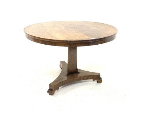  19th century rosewood pedestal centre table with circular top raised on panel sided pedestal, platform base and brass castor