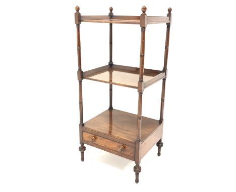  George III mahogany three tier whatnot, with ball finials and ring turned supports, drawer to base, W51cm, H117cm, D43cm   -