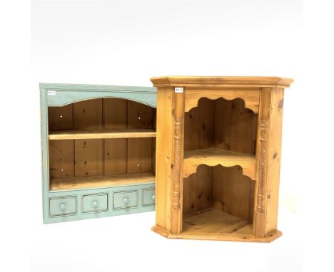  Painted pine wall rack with two open shelves over four spice drawers, (W74cm) and a pine wall hanging corner cupboard with t