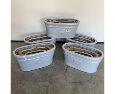  Five sets of three light blue glazed terracotta plant pots, W58cm   - Condition Report 