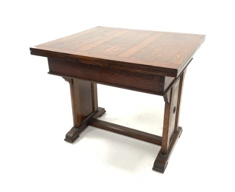  Early 20th century oak duo draw leaf table with panel end supports united by stretcher, 91cm x 81cm, H79cm   - Condition Rep