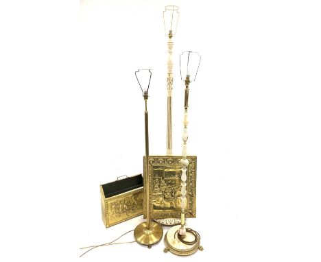  Brass and onyx standard lamp with circular base and hairy paw supports, (H145cm) a brass standard lamp with fluted column an
