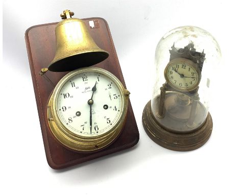  19th century brass anniversary clock with white enamel dial and Arabic chapter ring, under dome (H28cm) together with a 20th