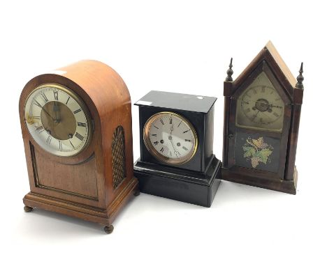  Victorian slate mantel clock, white enamel dial with Roman numeral chapter ring, (W23cm), 19th century walnut cased dome top