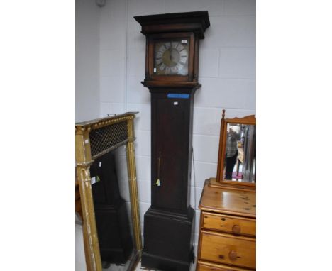 An 18th century oak long case clock, by Edward Bullock, Ellesmere, the flat-topped hood over the square glazed hood door and 