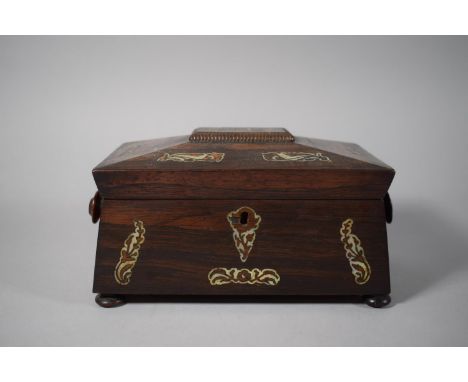 A 19th Century Rosewood and Mother of Pearl Inlaid Sarcophagus Shaped Tea Caddy with Two Division Interior, Bun Feet, 27cms W