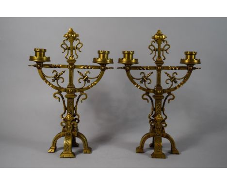 A Good Pair of Gilt Bronze Twin Branch Candelabra In the Christopher Dresser Style, 37cms High 