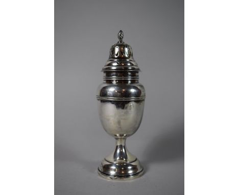 An Edwardian Silver Vase Shaped Sugar Sifter with Flame Finial, 22cms High, 153gms 