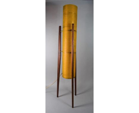 A 1970's Rocket Floor Lamp with Cylindrical Fibreglass Shade Raised on Teak Triform Stand, 112cms High 