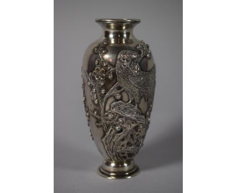 A Good Chinese Silver Vase Stamped for Wang Hing, Decorated in Relief with Birds on Branch, 14cms High 