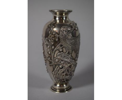 A Good Chinese Silver Vase Stamped for Wang Hing, Decorated in Relief with Birds on Branch, 14cms High 