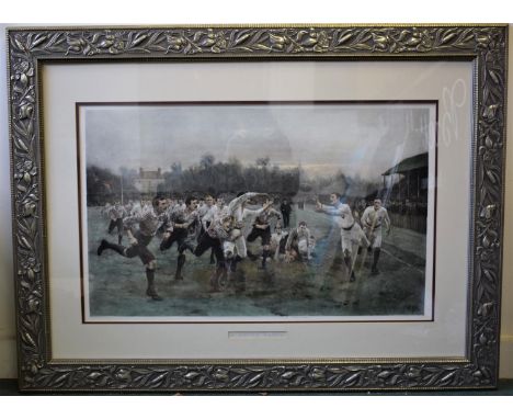 A Large Framed Sporting Print After W.B. Wollen, 'A Rugby Match', Published by Mawson, Swan &amp; Morgan Newcastle Upon Tyne,