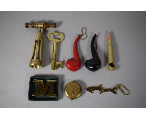 A Collection of Novelty Bottle Openers, Brass &amp; Wooden Handles Corkscrew, Solid Brass 'M' Paperweight Etc. 