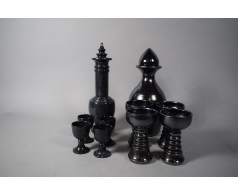 A Studio Art Knights Tintagel Decanter &amp; Four Goblet Set Together with a Turned Black Marble Example 