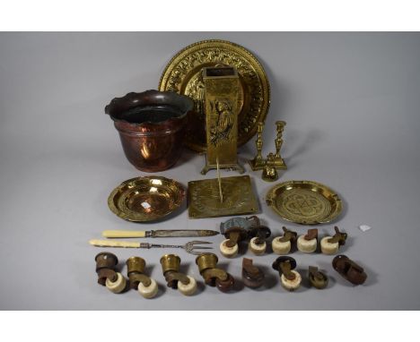 A Collection of Metalware to Include Brass Fire Tidy, Brass Sundial, Islamic Ashtrays, Candle Sticks, Copper Planter, Bone Ha