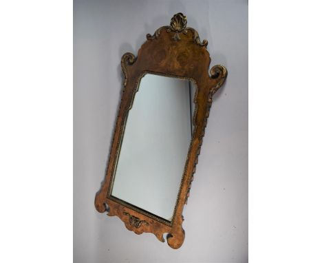 A Vintage Atsonea Burr Wood Wall Mirror in the Georgian Fretwork Style, 92cms High (Gilded Shell Finial AF) 