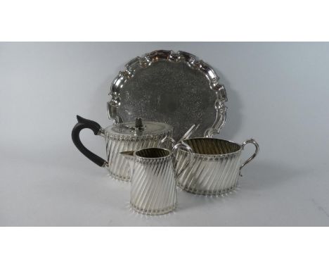 A Silver Plated Reeded Tea Set Comprising Teapot, Milk &amp; Sugar - The Teapot with Pineapple Finial Together with Unrelated