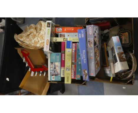 Two Boxes of Jigsaw Puzzles and a Suitcase of Curtains Etc. 