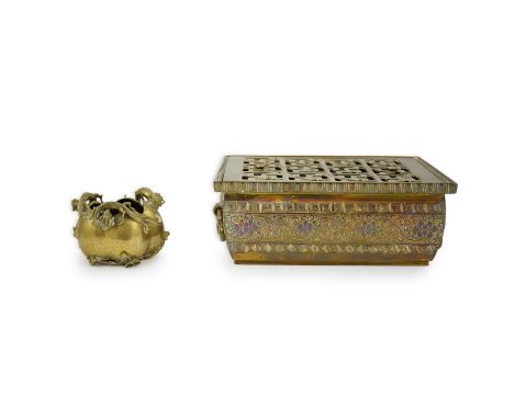 A large Chinese bronze rectangular censer and cover, Xuande seal mark, and a ‘plum blossom and chilong’ bronze censer, both 1