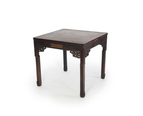 A Chinese hongmu square mahjong table, early 20th century, the rectangular panelled top above a freeze fitted with small tile