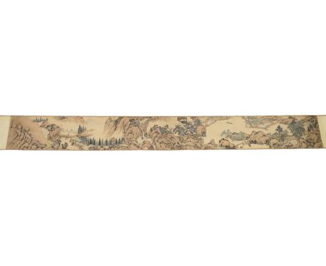 Chinese School  ((Qing dynasty))Figures in a mountainous river landscapeInk and colour on paper handscroll268.5cm x 29cm excl