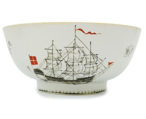 A Chinese export grisaille ‘ship’ bowl, Qianlong period, made for the Danish market, painted with a Danish trading ship in bl