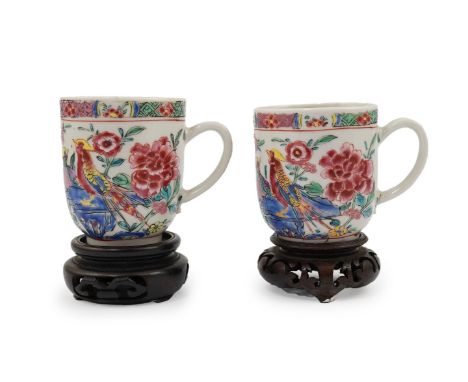 A near pair of Chinese famille rose ‘double pheasant’ coffee cups, early Qianlong period, each painted with two pheasants ami