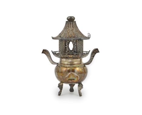 An unusual Chinese silver tripod censer with pagoda shaped cover, ding, early 20th century, the globular body engraved with a