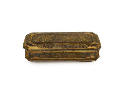 A Japanese Sawasa ware gilt copper tobacco box, first half 18th century, of shaped rectangular form, the central panel of the