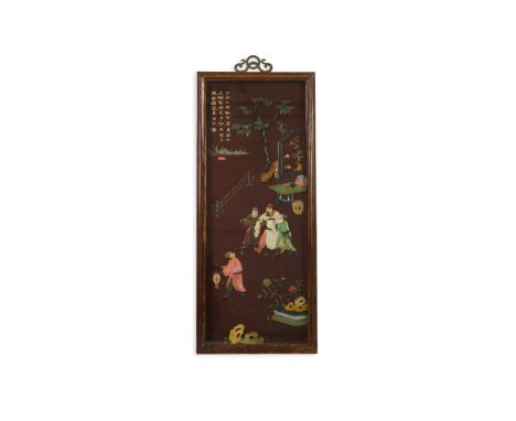 A Chinese carved cinnabar lacquer and hardstone mounted panel, early 20th century, decorated with figures in a pavilion garde