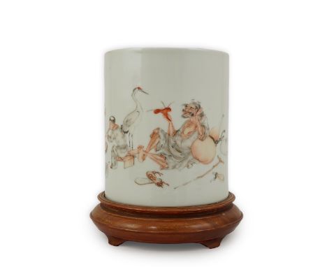 A Chinese enamelled porcelain ‘Li Tieguai’ brushpot, bitong, Republic period, painted in iron red and black enamels with the 