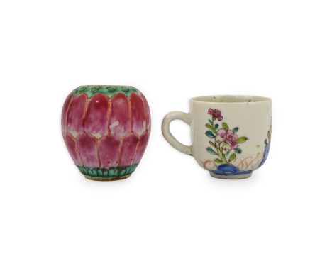 An unusual Chinese famille rose miniature coffee cup and a lotus bud shaped jar, Qianlong period, the cup painted with flower
