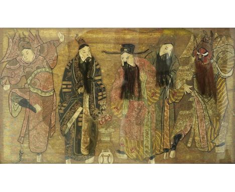 A Chinese embroidered silk ‘Peking Opera’ panel, early 20th century, decorated with characters from the Peking Opera embroide