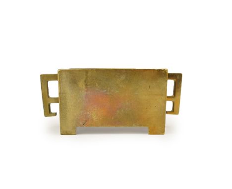 A Chinese bronze rectangular censer, fangding, Xuande mark, 18th century, of rectangular form, applied with a pair of key wor